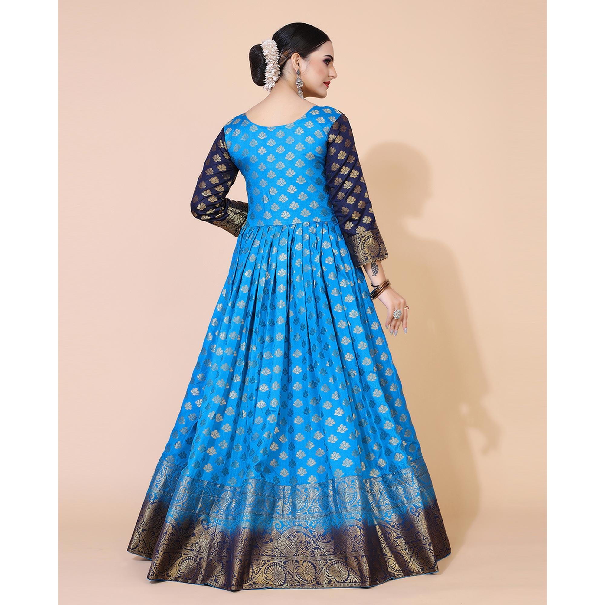 Blue Floral Woven Jacquard Anarkali Style Gown - Peachmode