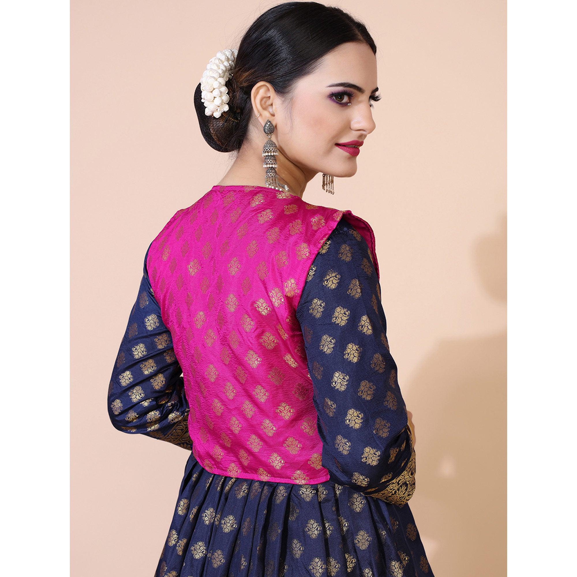 Blue Floral Woven Jacquard Anarkali Style Gown - Peachmode