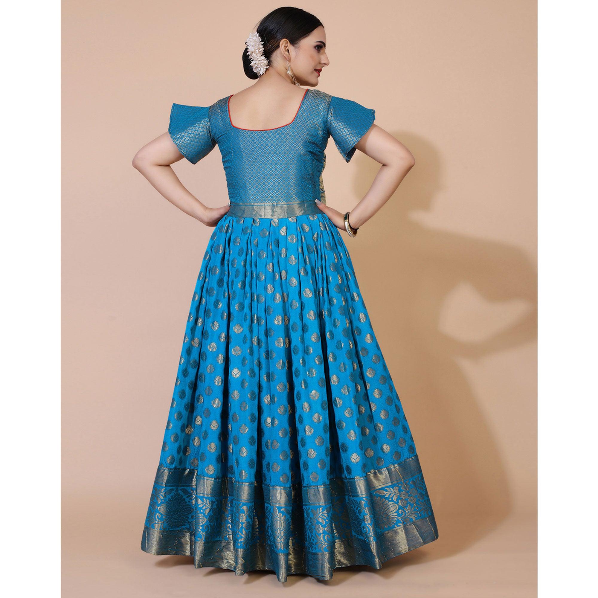 Blue Floral Woven Jacquard Anarkali Style Gown - Peachmode