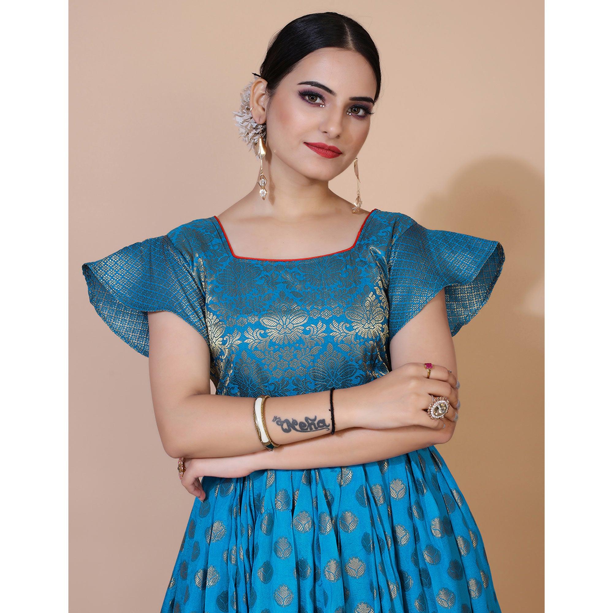 Blue Floral Woven Jacquard Anarkali Style Gown - Peachmode