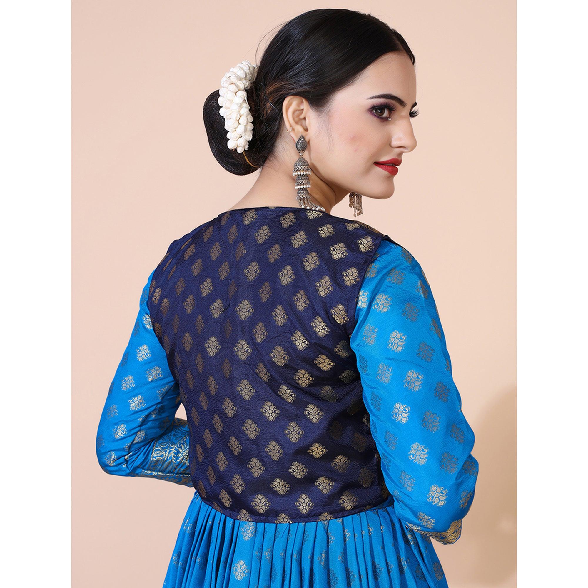Blue Floral Woven Jacquard Anarkali Style Gown - Peachmode