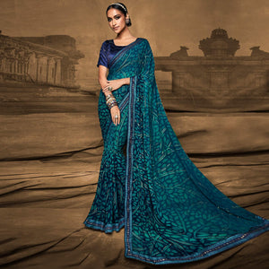 Blue Foil Printed Georgette Saree - Peachmode