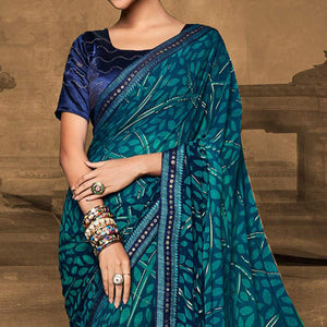 Blue Foil Printed Georgette Saree - Peachmode
