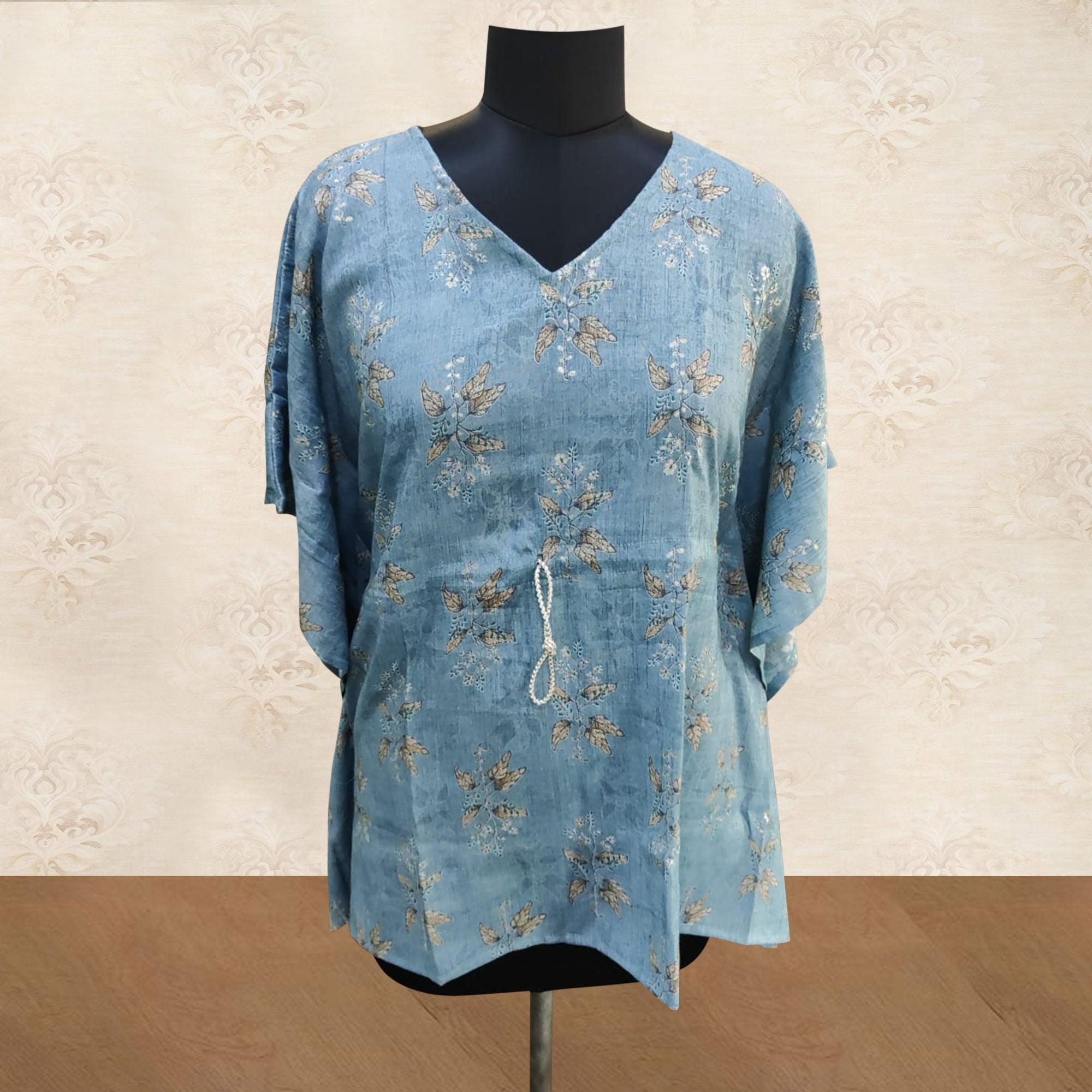 Blue Foil Printed Rayon Kaftan Style Top - Peachmode