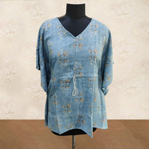 Blue Foil Printed Rayon Kaftan Style Top - Peachmode