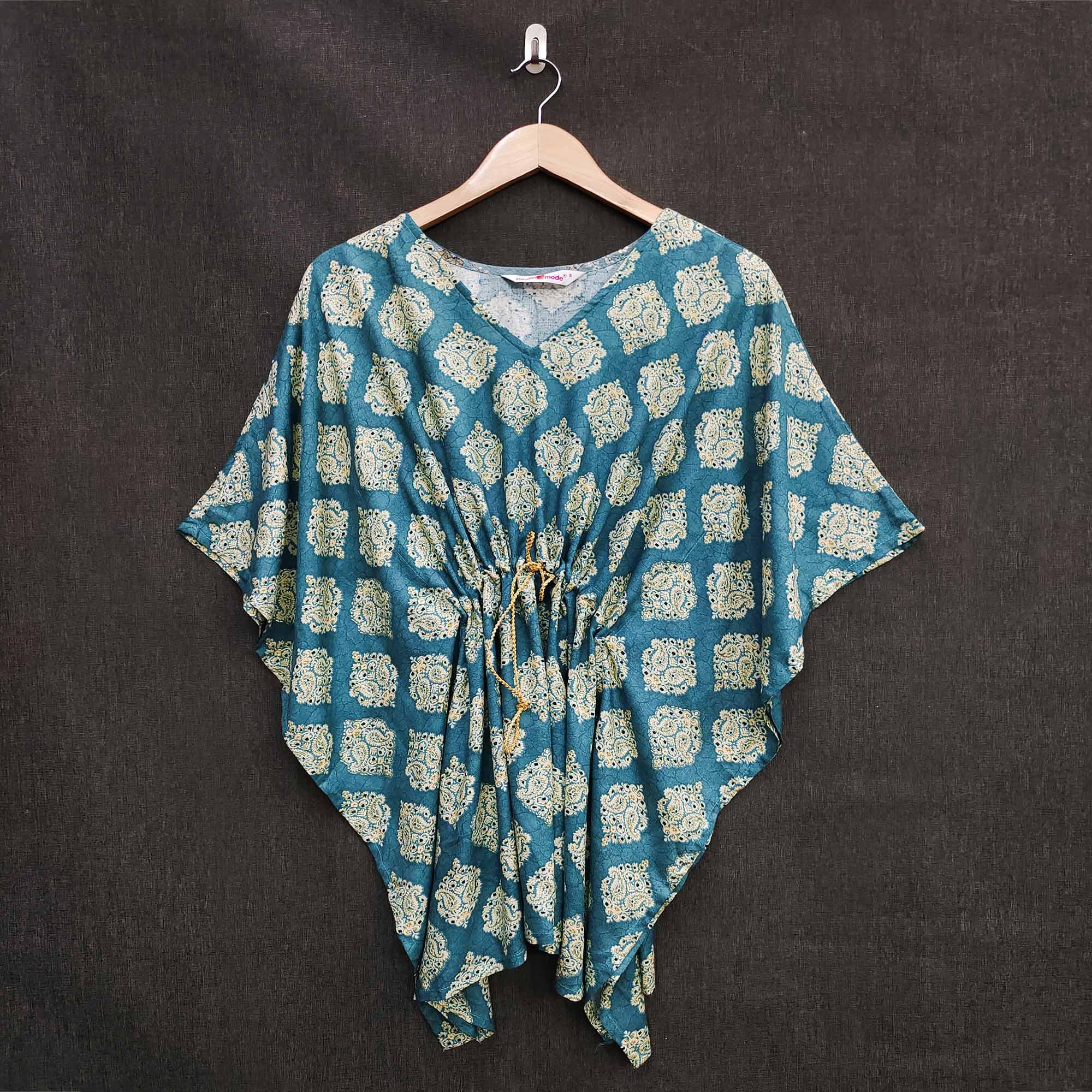 Blue Foil Printed Rayon Kaftan Top - Peachmode