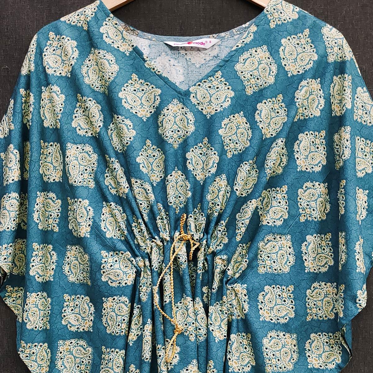 Blue Foil Printed Rayon Kaftan Top - Peachmode