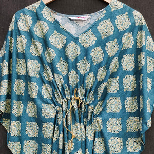 Blue Foil Printed Rayon Kaftan Top - Peachmode