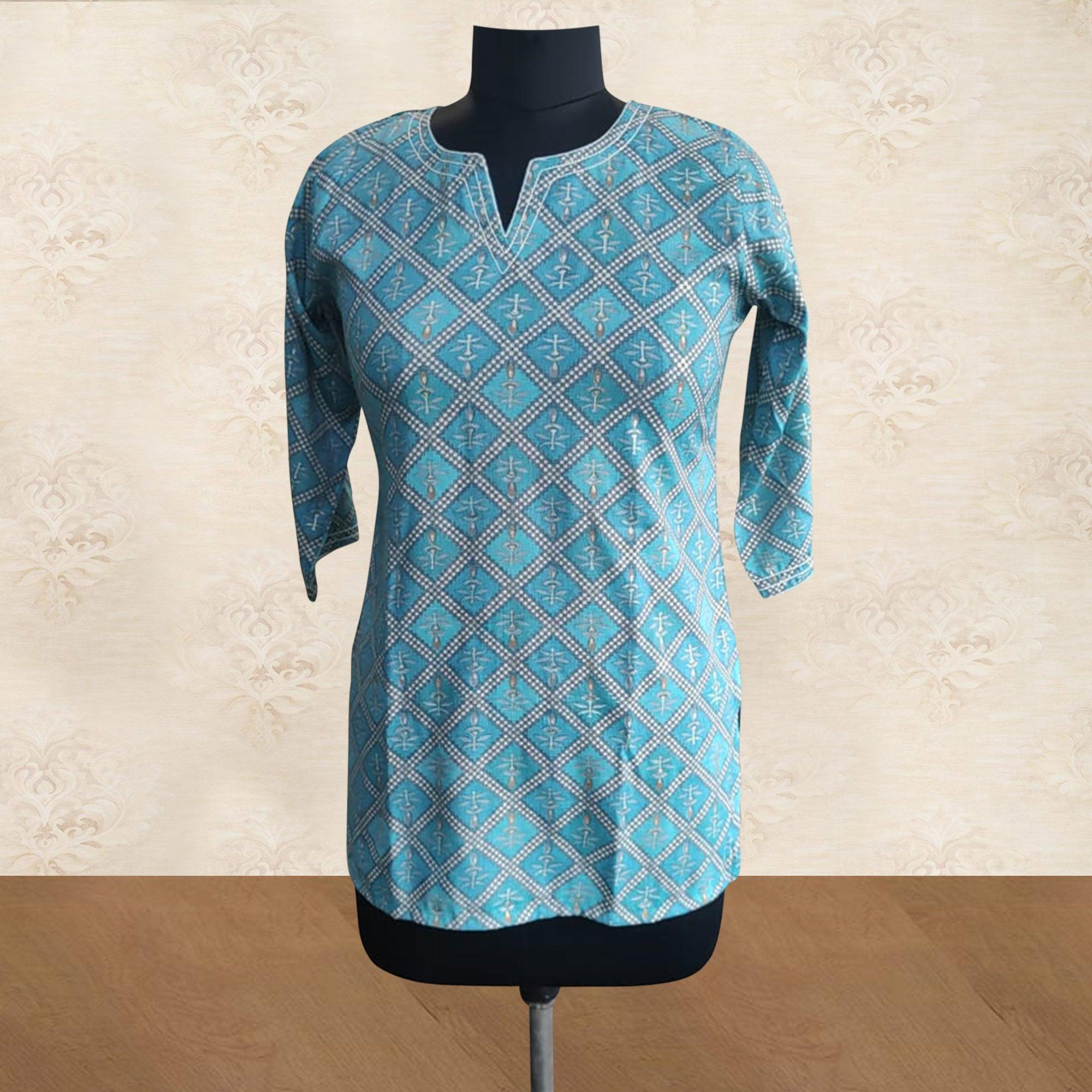 Blue Foil Printed Rayon Top - Peachmode