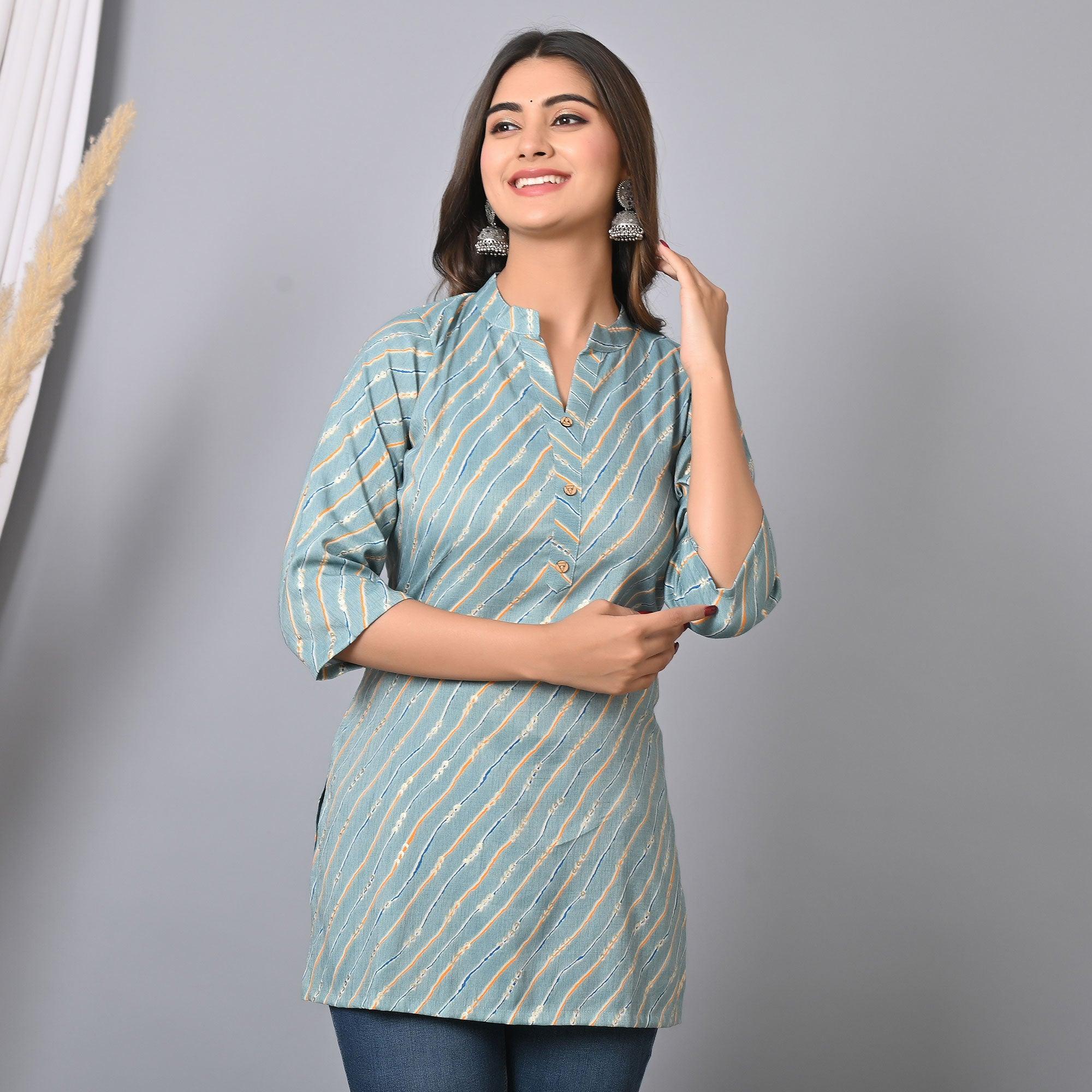 Blue Foil Printed Rayon Top - Peachmode