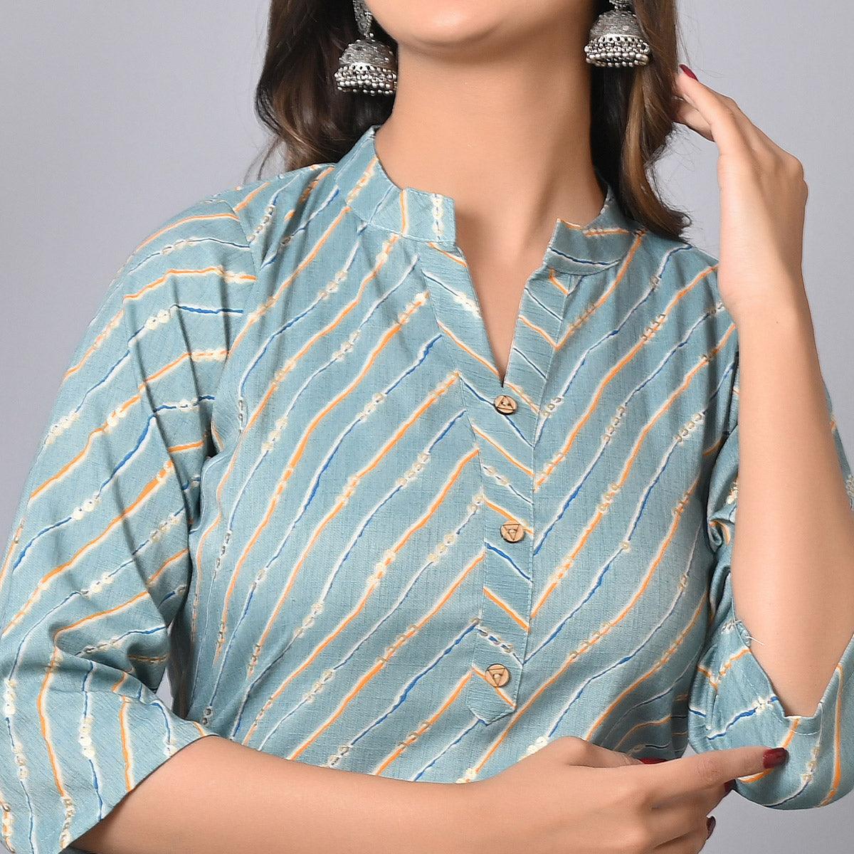 Blue Foil Printed Rayon Top - Peachmode