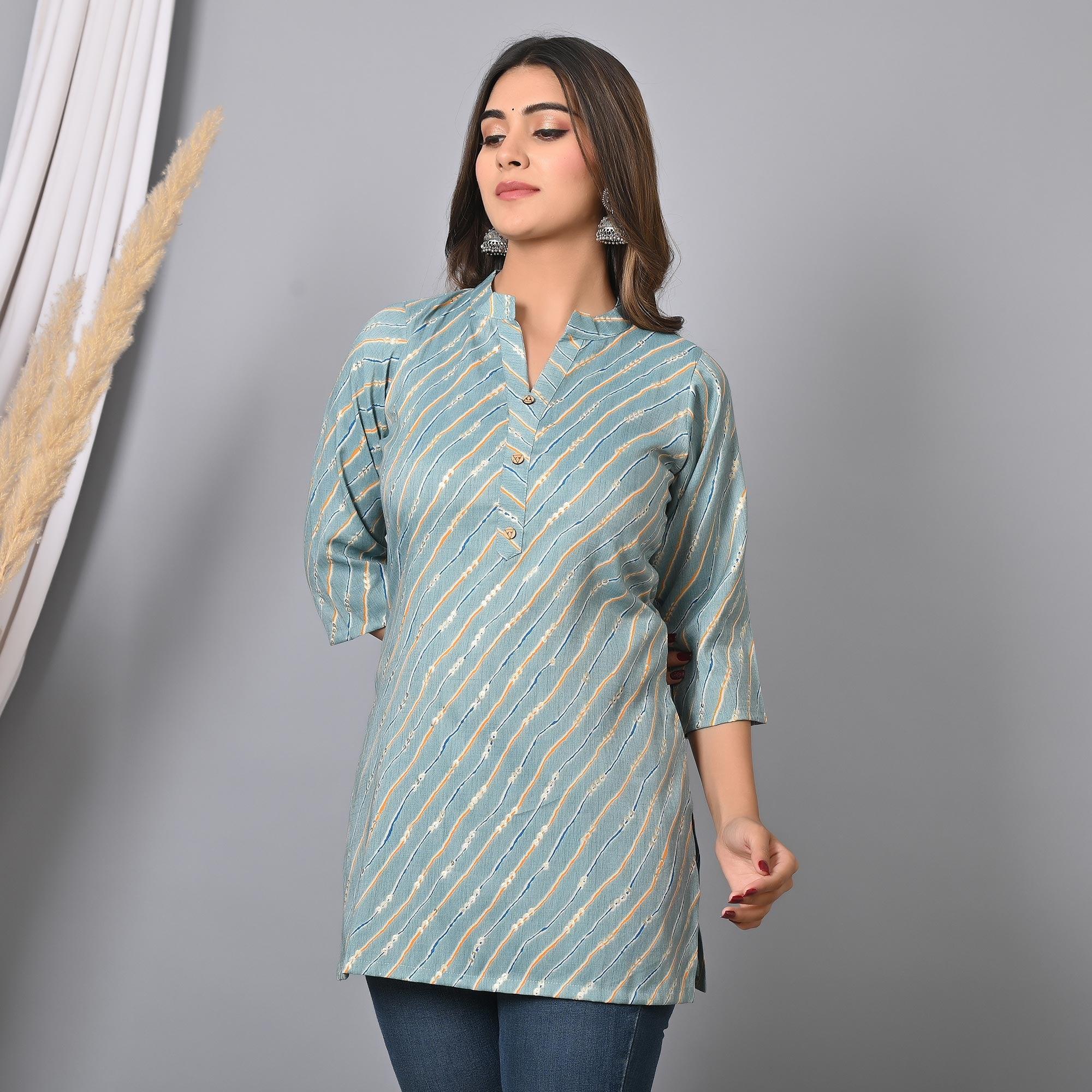 Blue Foil Printed Rayon Top - Peachmode