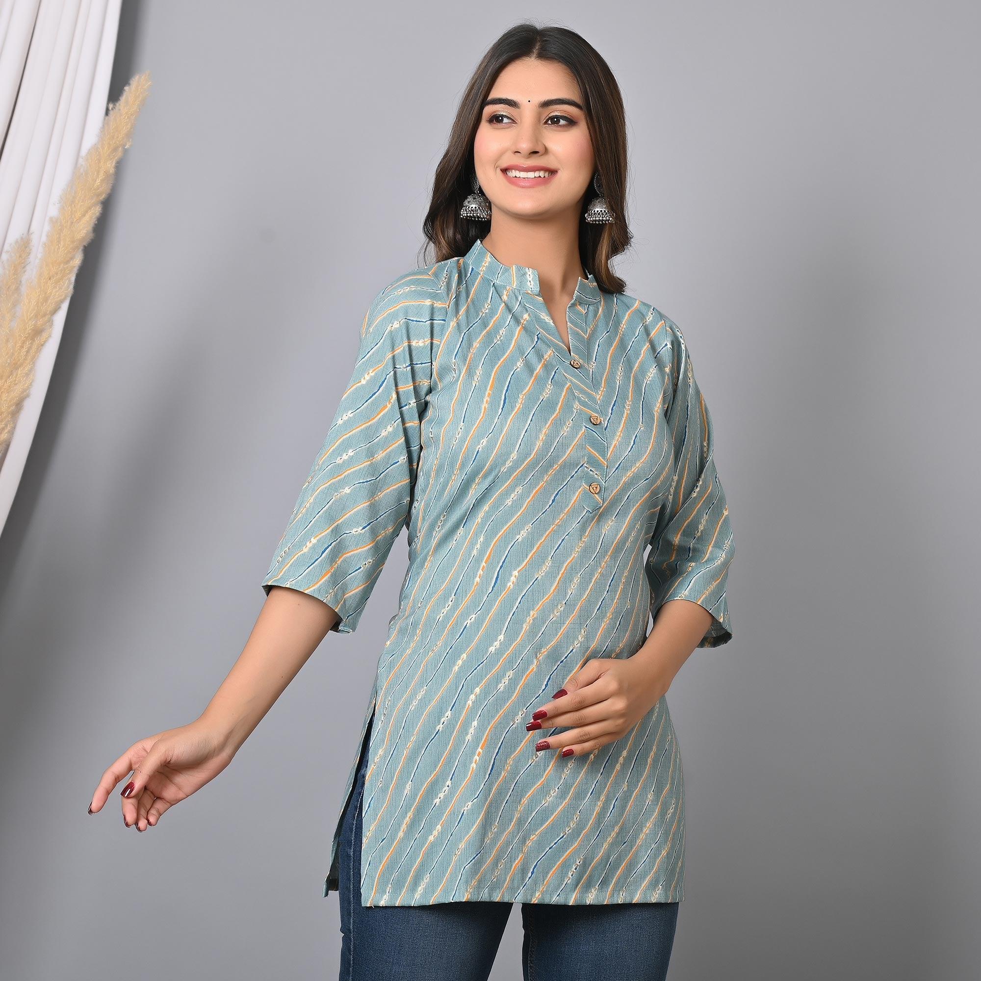 Blue Foil Printed Rayon Top - Peachmode