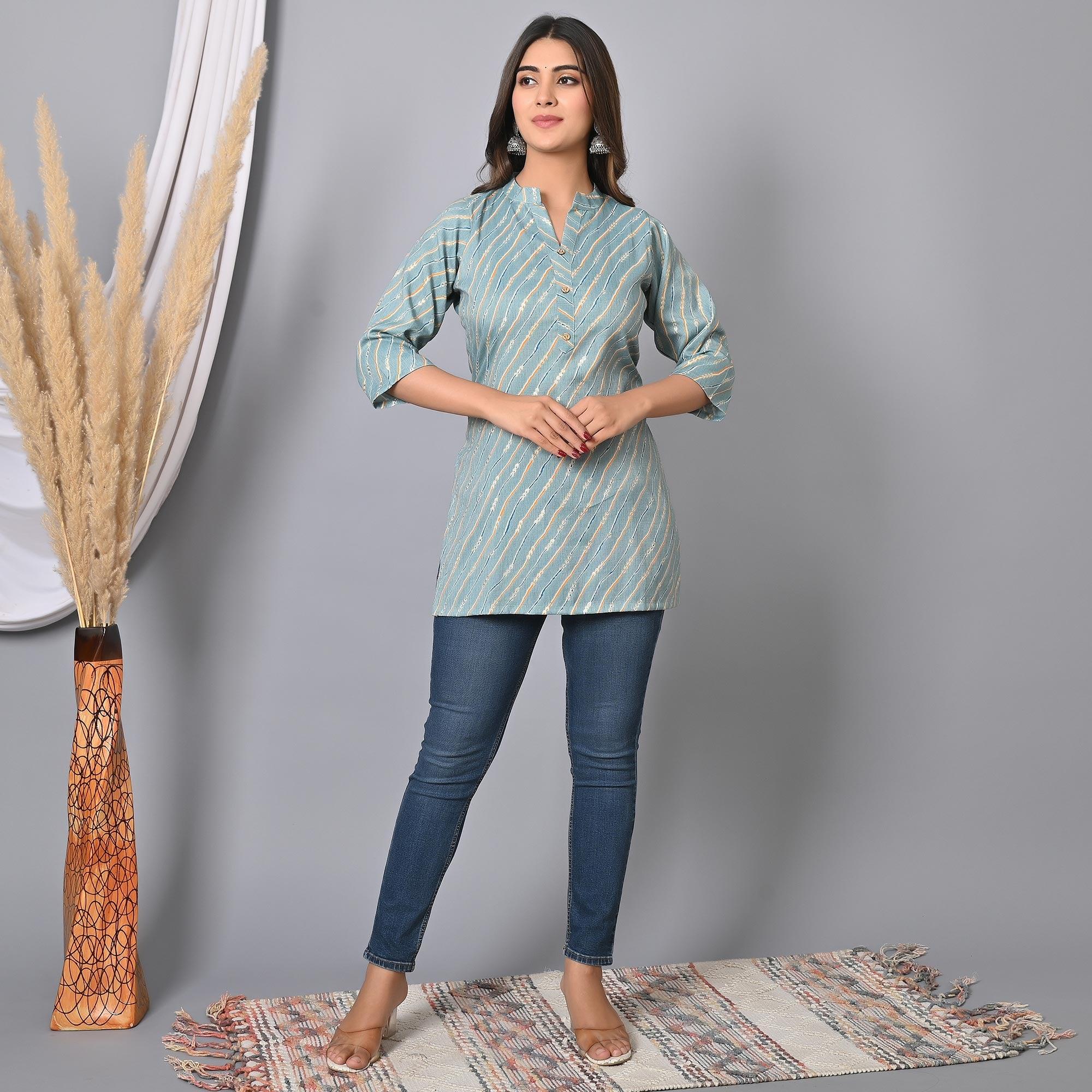 Blue Foil Printed Rayon Top - Peachmode