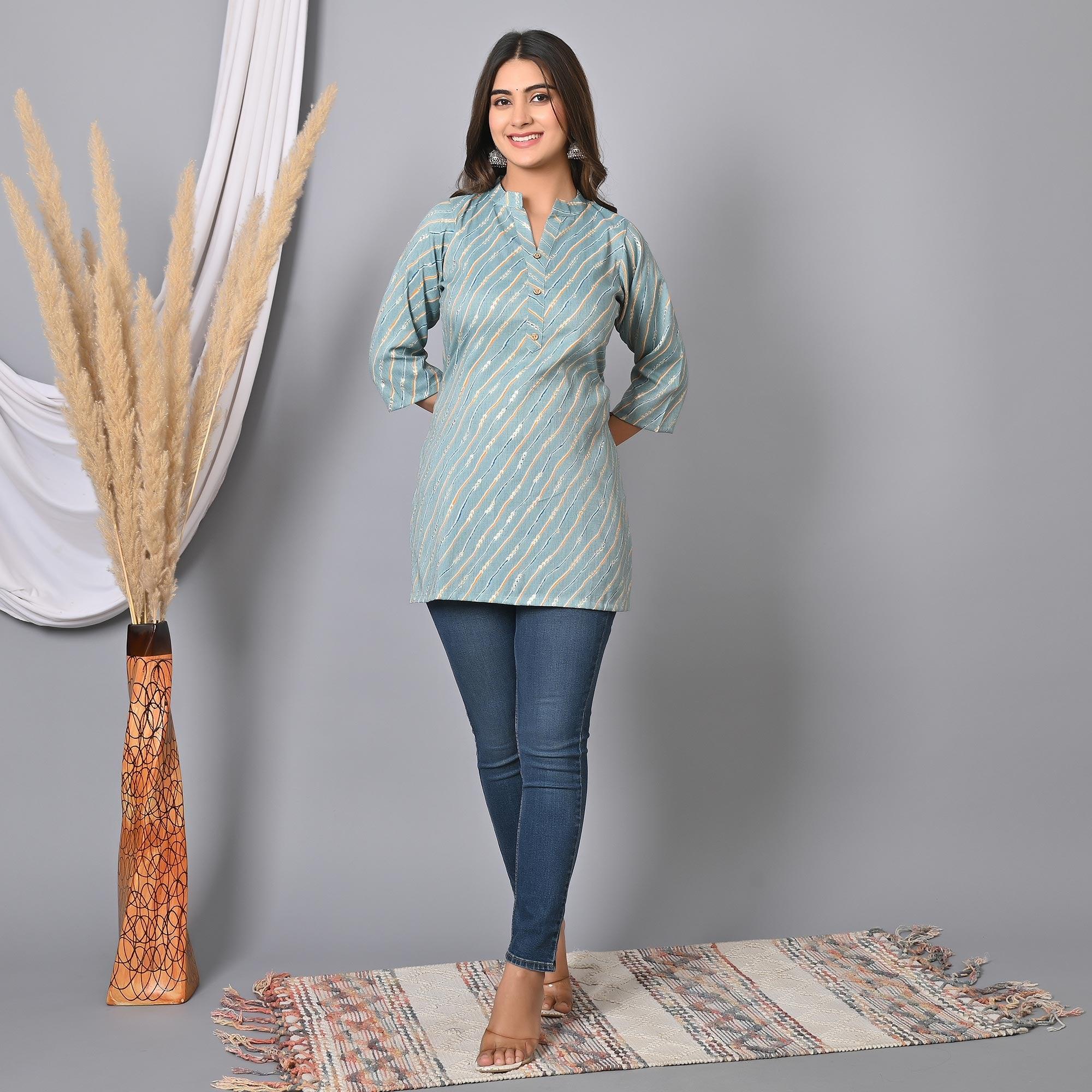 Blue Foil Printed Rayon Top - Peachmode