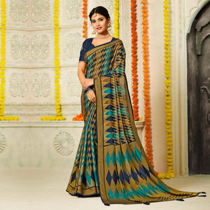Blue Geometric Printed Brasso Saree With Tassels - Peachmode