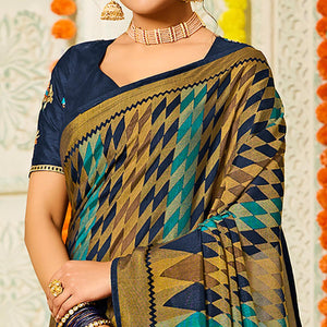 Blue Geometric Printed Brasso Saree With Tassels - Peachmode