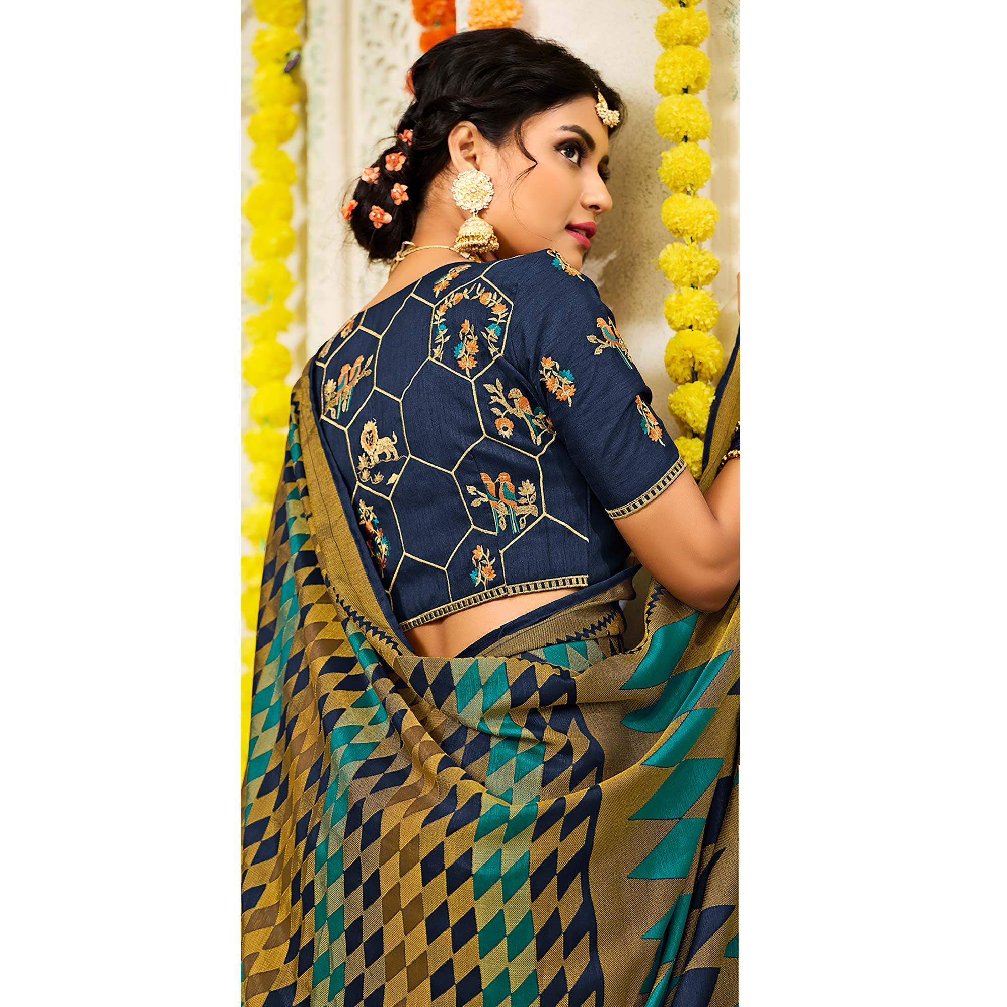 Blue Geometric Printed Brasso Saree With Tassels - Peachmode