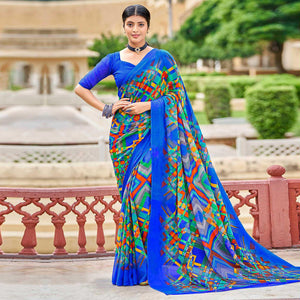 Blue Geometric Printed Chiffon Saree - Peachmode