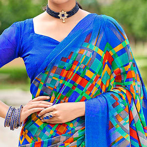 Blue Geometric Printed Chiffon Saree - Peachmode
