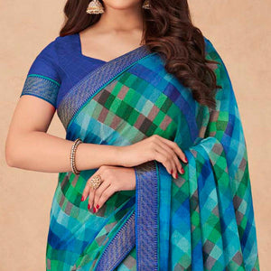 Blue Geometric Printed Chiffon Saree - Peachmode
