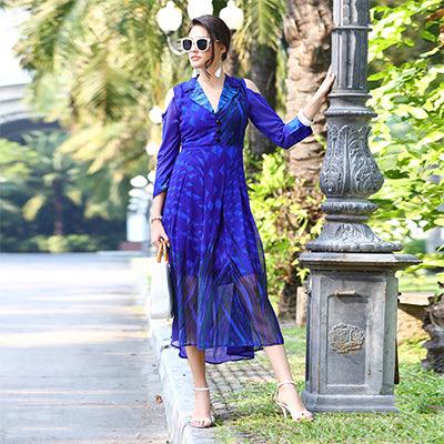 Blue Geometric Printed Georgette Kurti - Peachmode