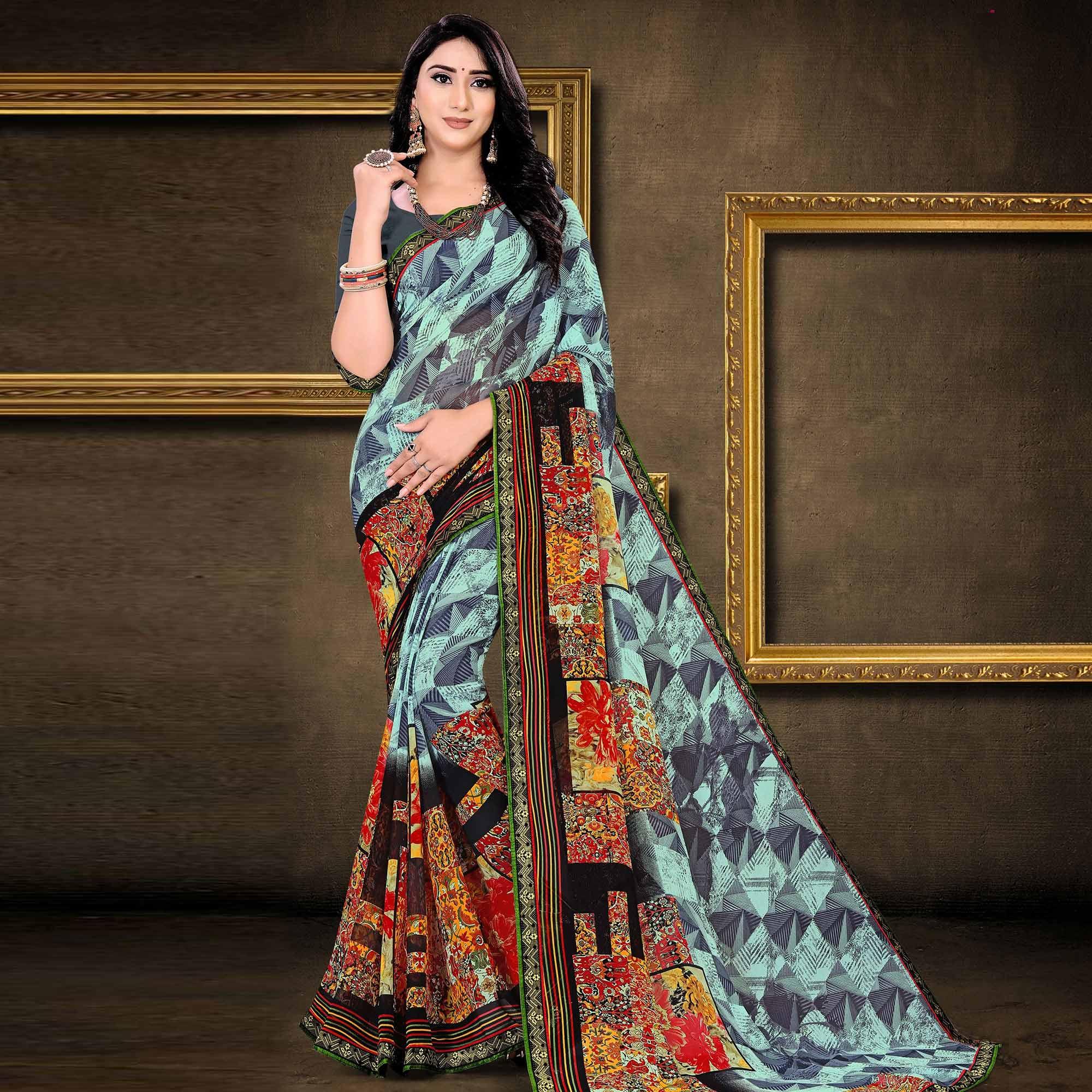 Blue Geometric Printed Georgette Saree - Peachmode