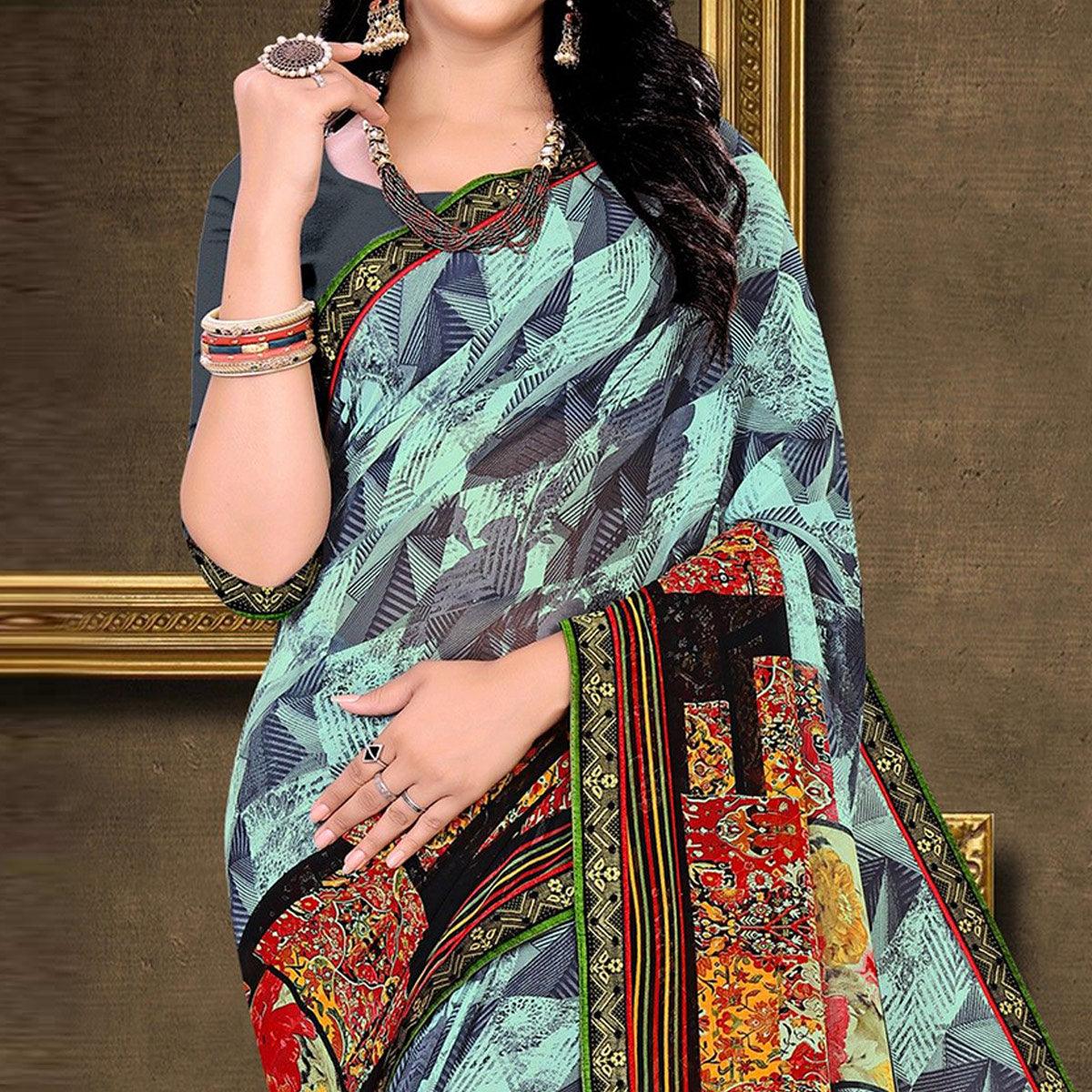 Blue Geometric Printed Georgette Saree - Peachmode