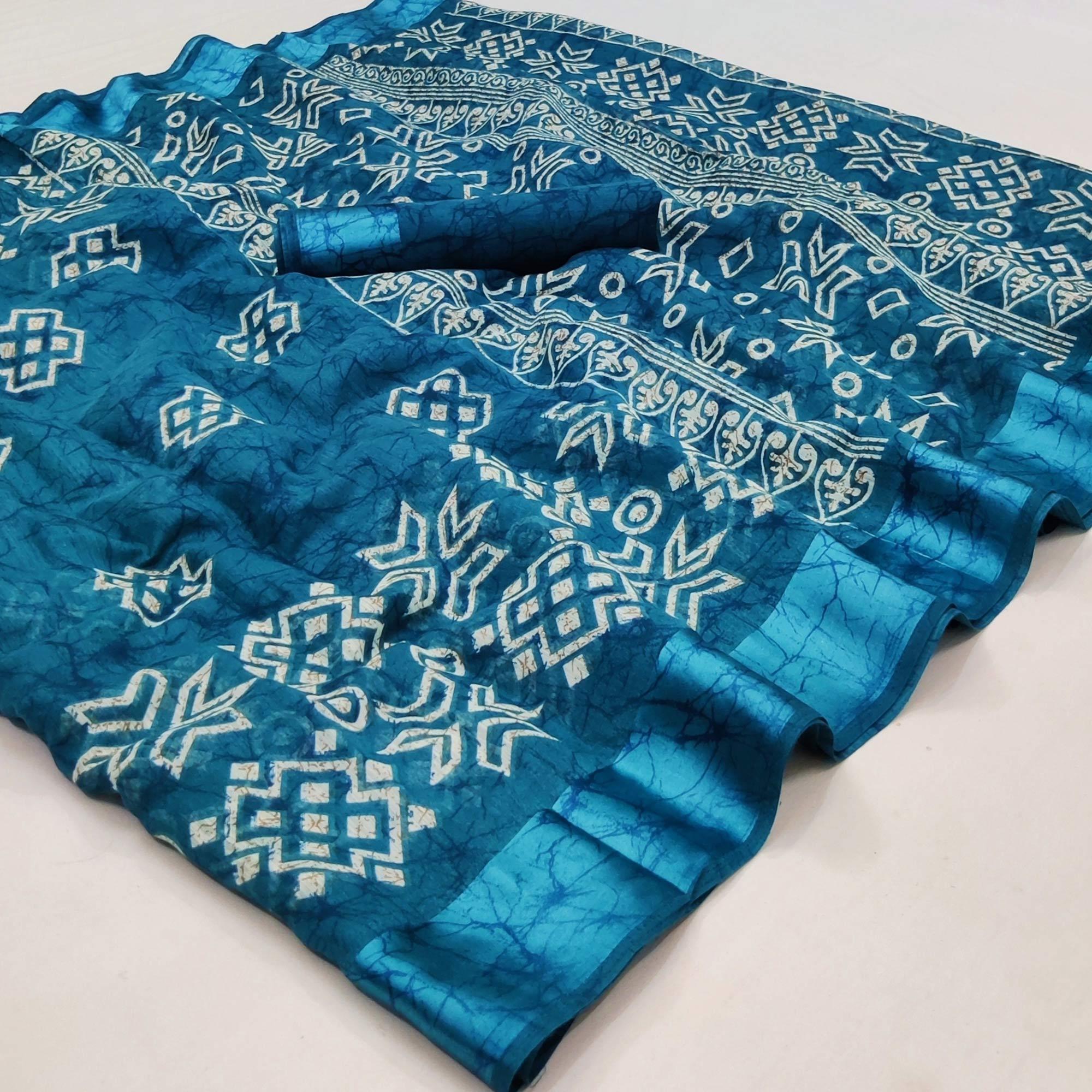 Blue Geometric Printed Linen Saree - Peachmode