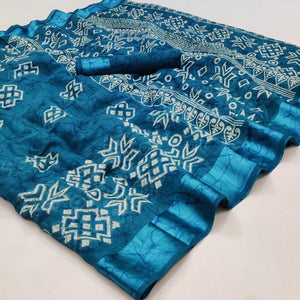 Blue Geometric Printed Linen Saree - Peachmode