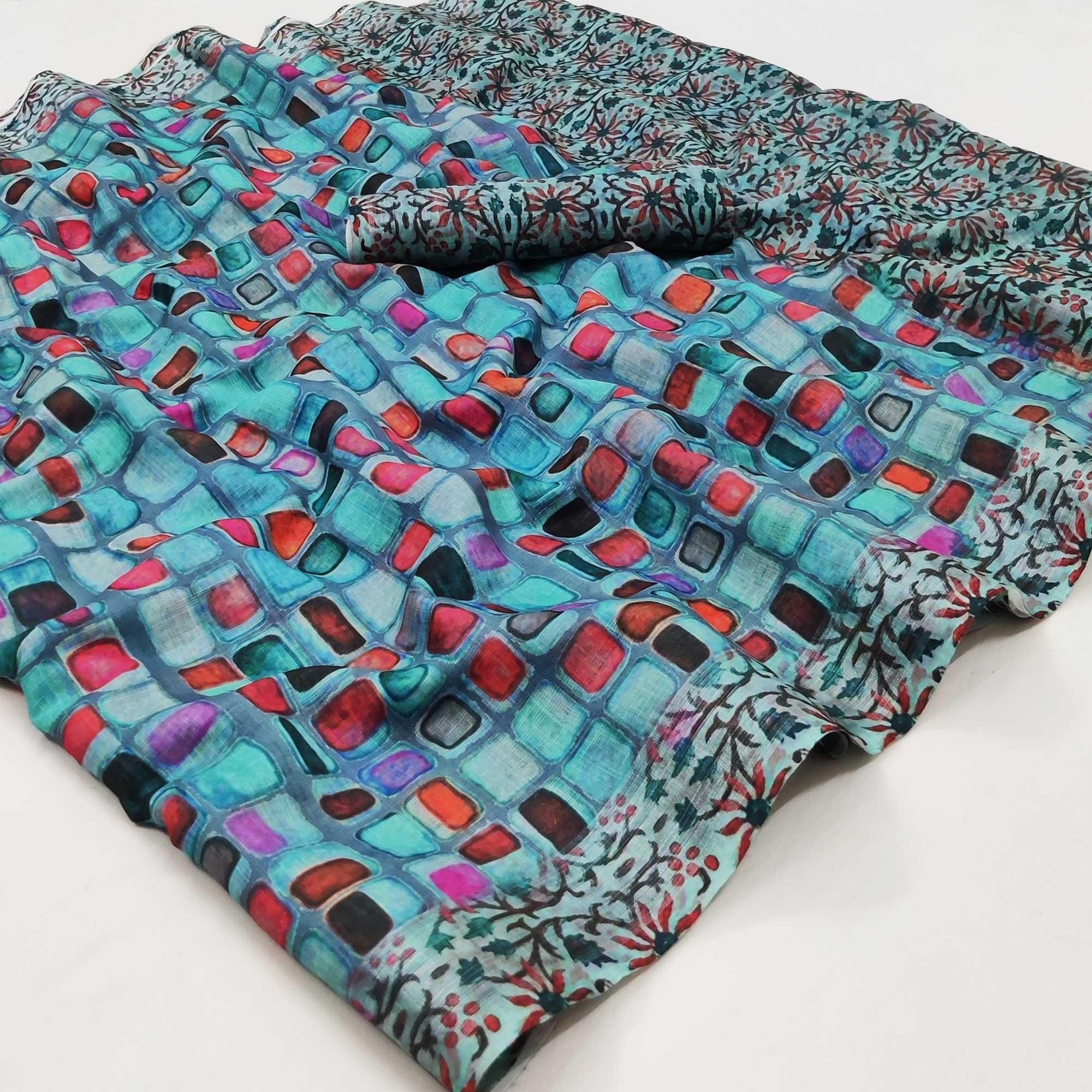 Blue Geometric Printed Linen Saree - Peachmode