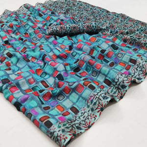 Blue Geometric Printed Linen Saree - Peachmode