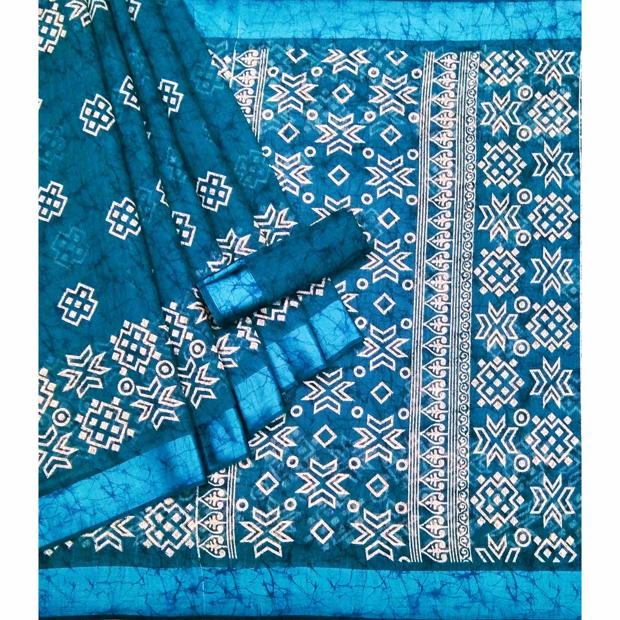 Blue Geometric Printed Linen Saree - Peachmode