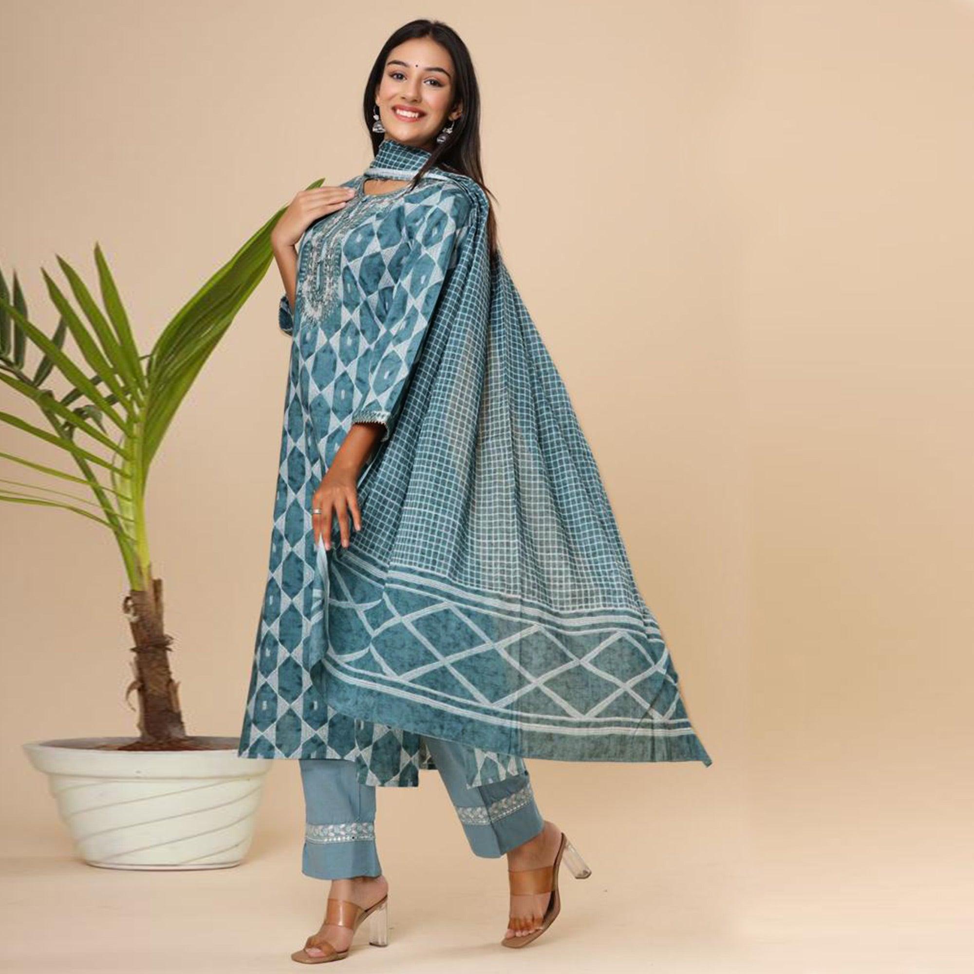 Blue Geometric Printed Pure Cotton Kurti Pant Set With Dupatta - Peachmode