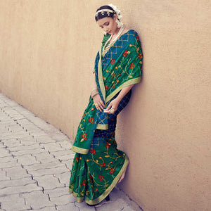 Blue - Green Floral Embroidered With Foil Printed Chiffon Half & Half Saree - Peachmode