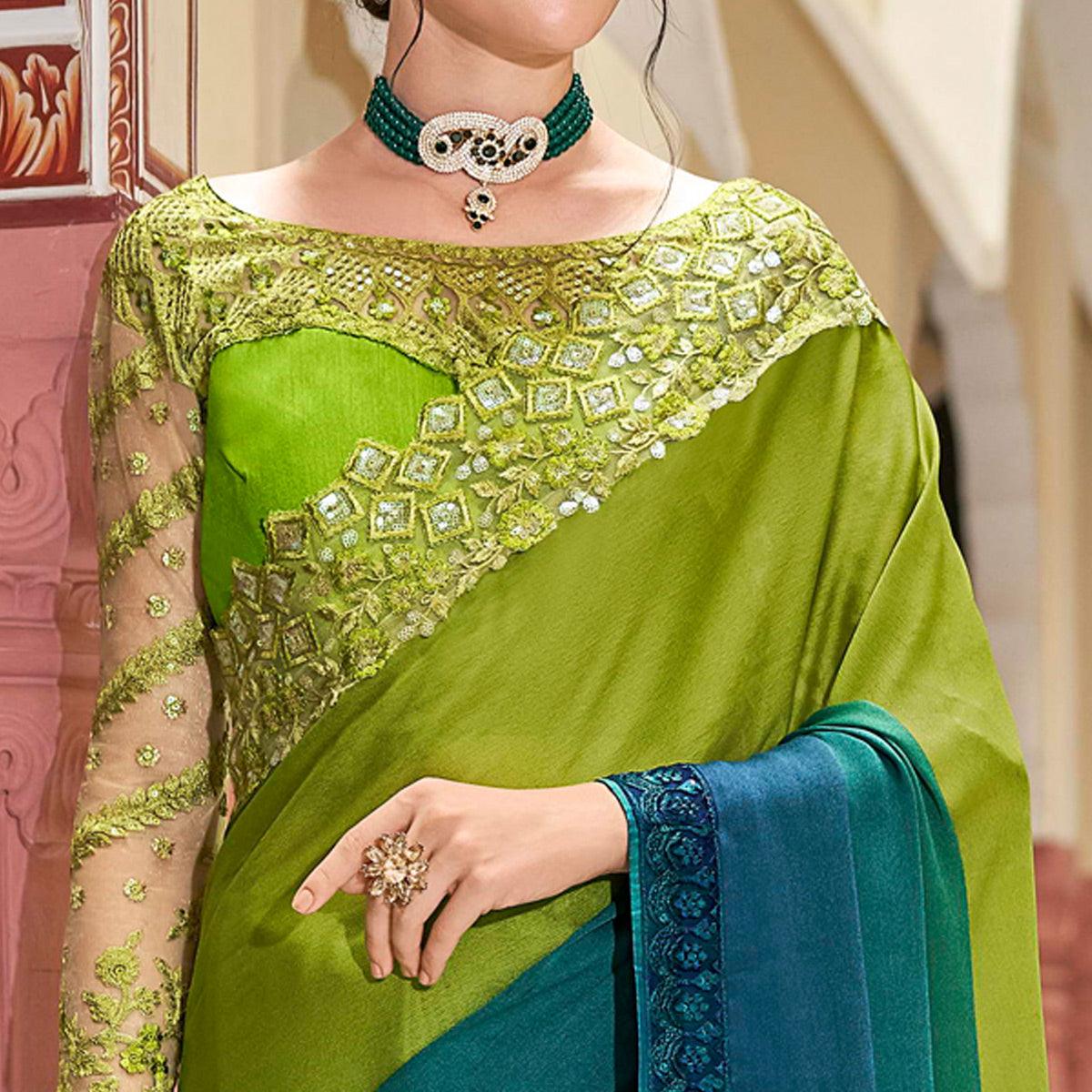 Blue-Green Floral Sequence Embroidered Art Silk Saree - Peachmode