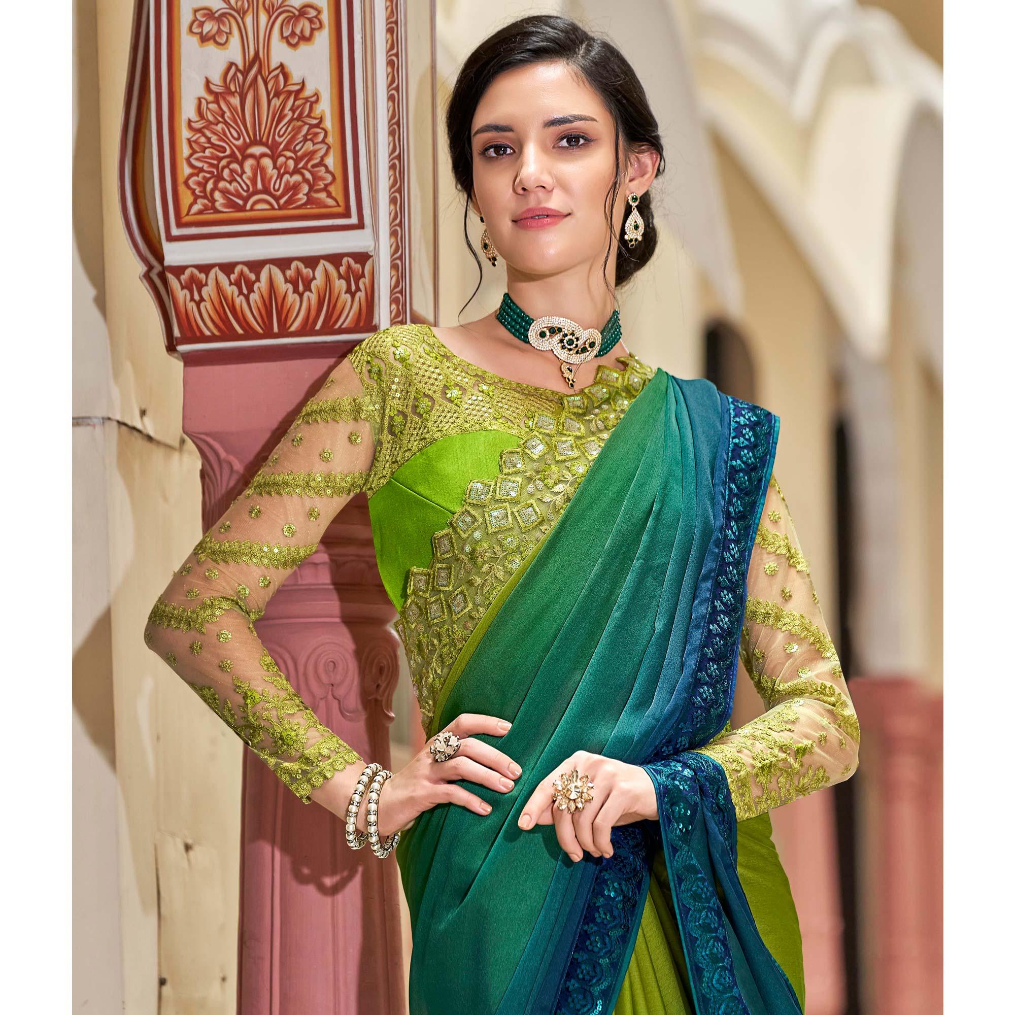 Blue-Green Floral Sequence Embroidered Art Silk Saree - Peachmode