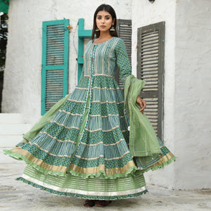 Blue - Green Partywear Lace Work Cotton Anarkali Suit - Peachmode