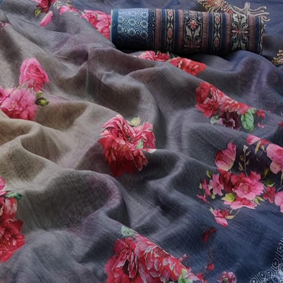 Blue-Grey Casual Wear Floral Digital Printed Linen Saree - Peachmode