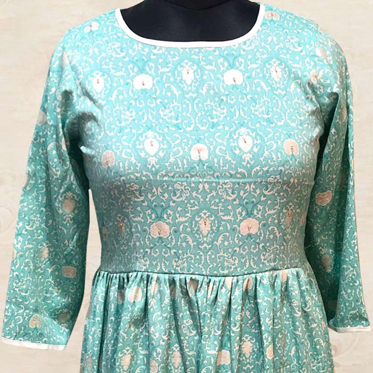 Blue Hand Embellished Printed Pure Cotton Kurti - Peachmode