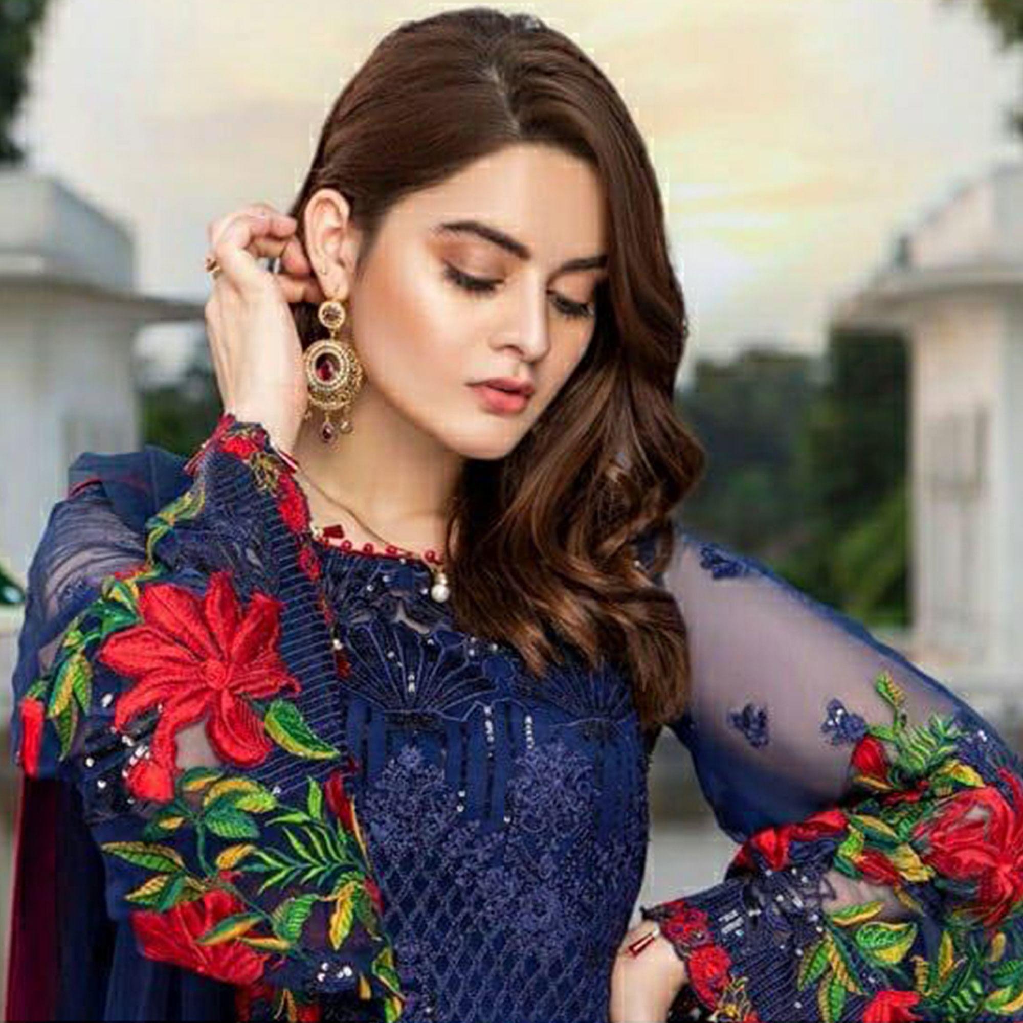 Blue Heavy Floral Embroidery Work Georgette Partywear Suit - Peachmode