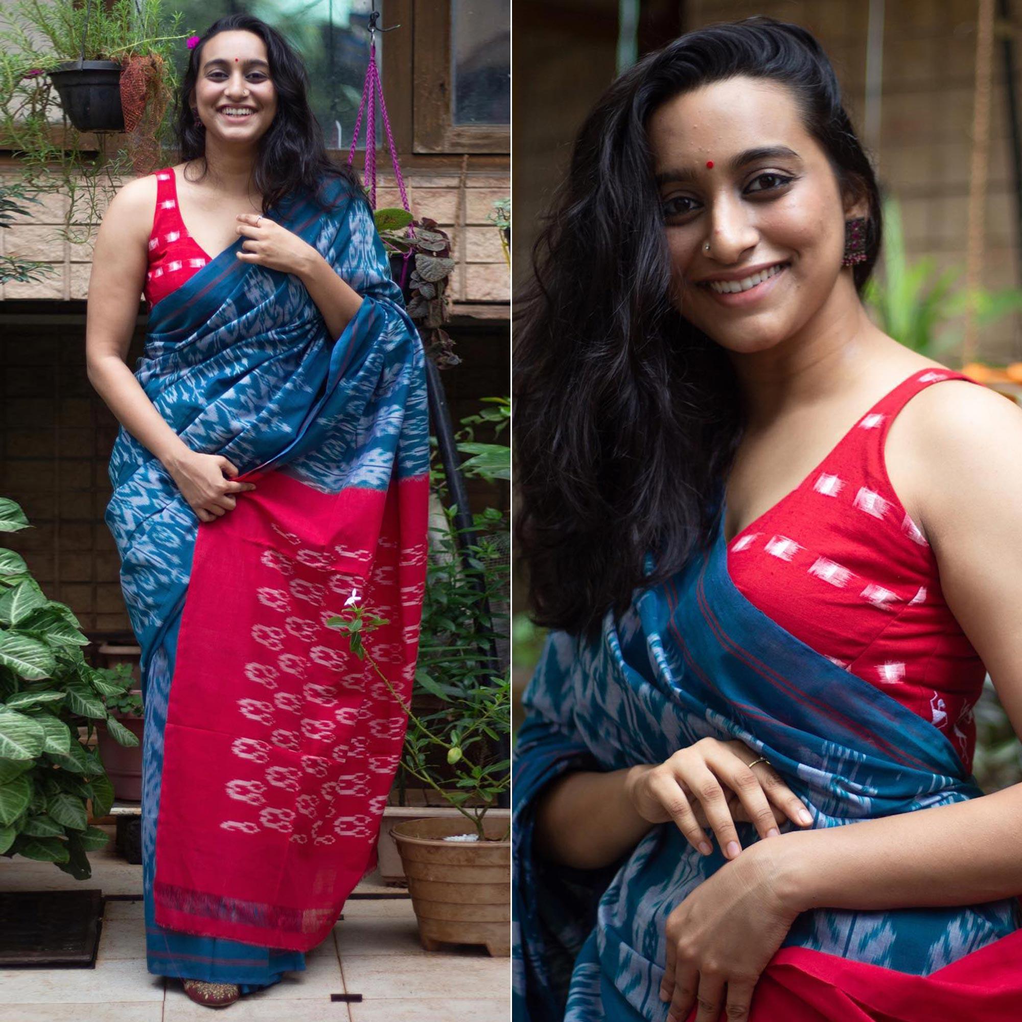 Blue Ikkat Printed Linen Saree - Peachmode