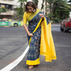 Blue Ikkat Printed Linen Saree - Peachmode