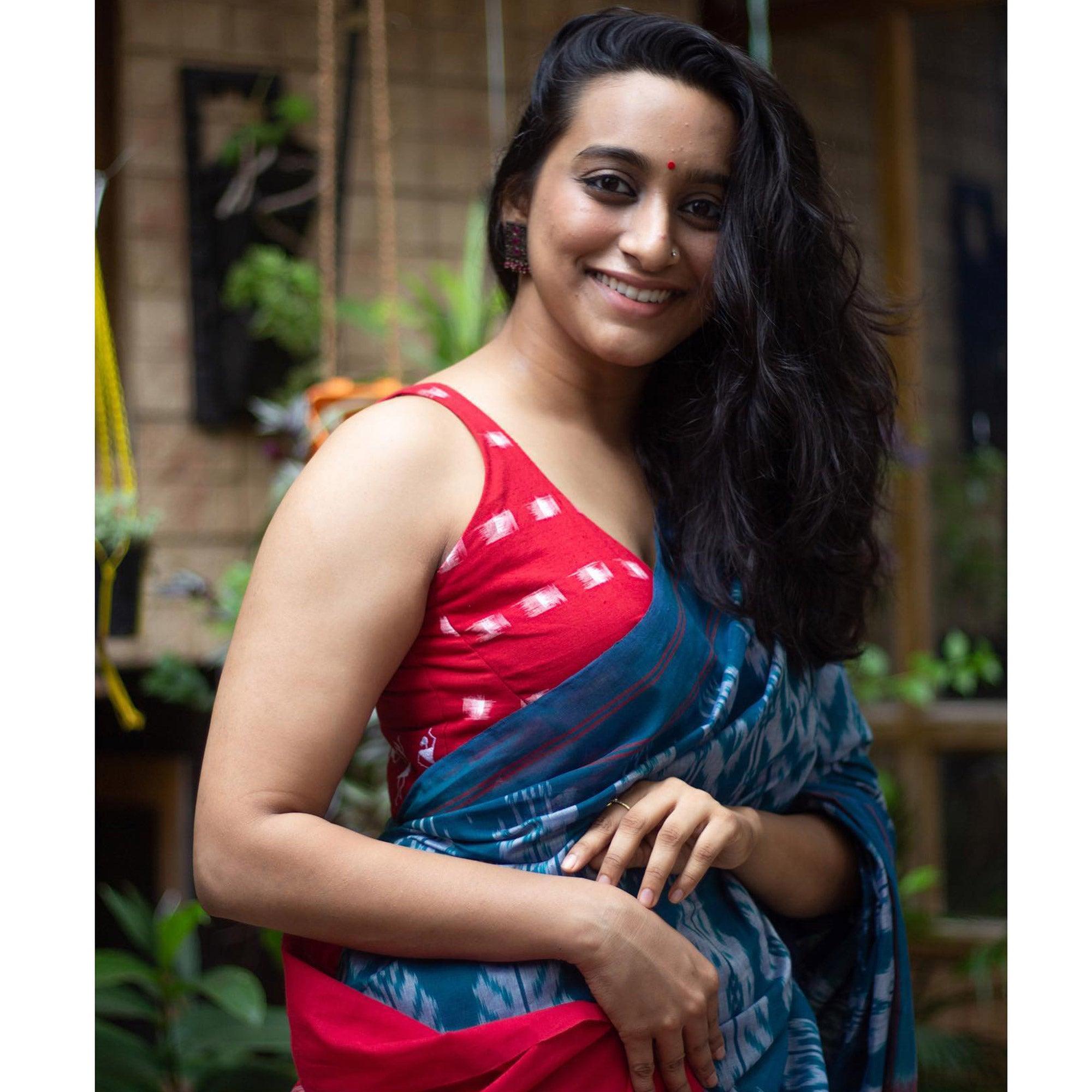 Blue Ikkat Printed Linen Saree - Peachmode