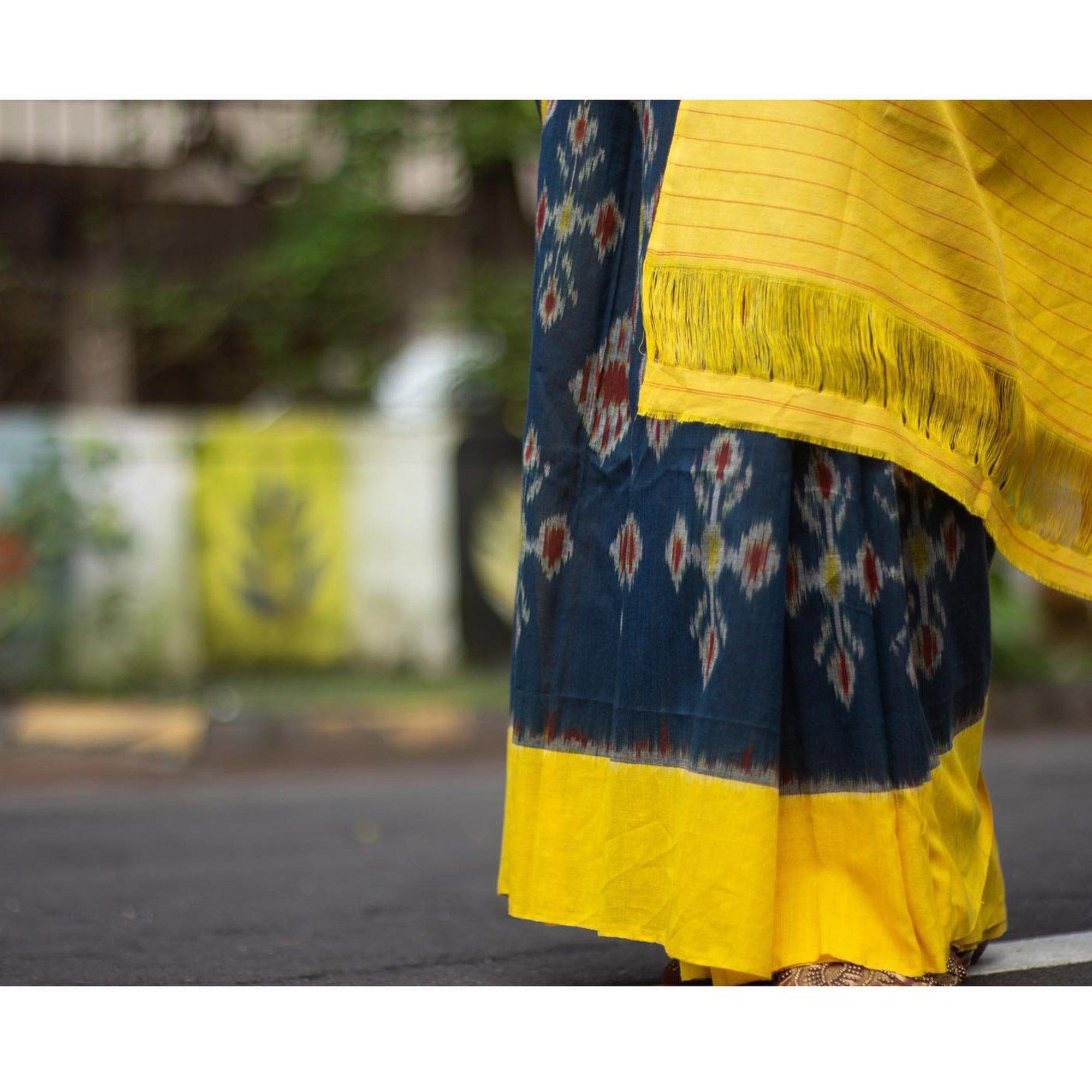 Blue Ikkat Printed Linen Saree - Peachmode