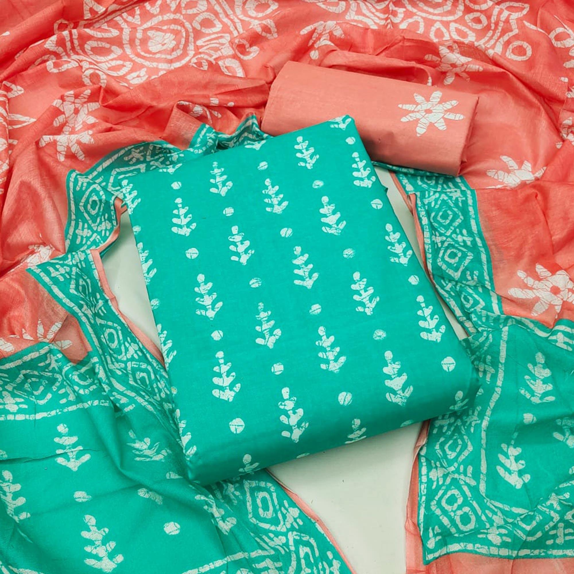 Blue Ikkat Printed Pure Cotton Dress Material - Peachmode