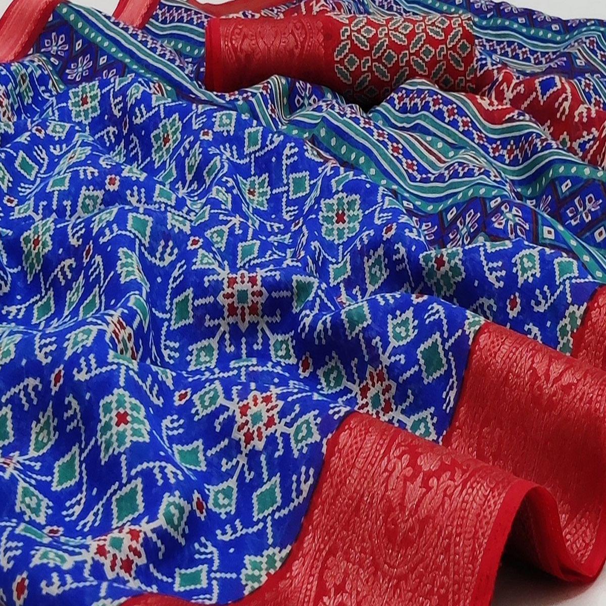Blue Ikkat Printed Pure Cotton Saree - Peachmode