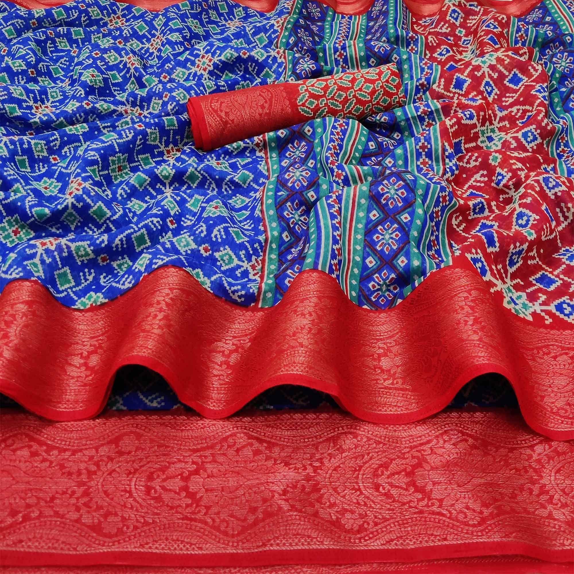 Blue Ikkat Printed Pure Cotton Saree - Peachmode
