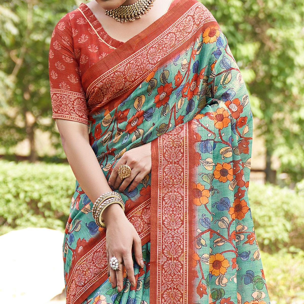 Blue Kalamkari Digital Printed Linen Saree With Tassels - Peachmode