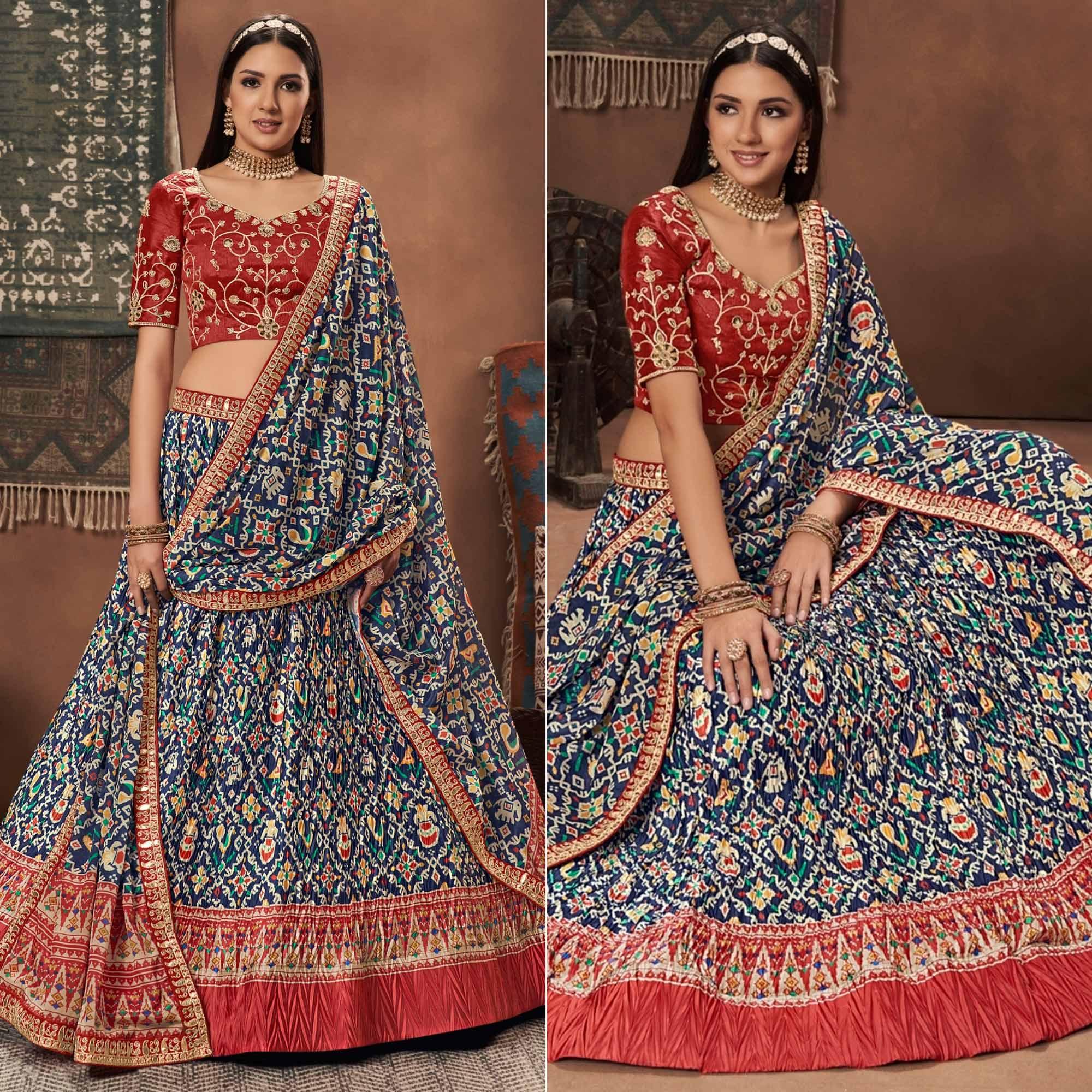 Blue Kalamkari Printed Art Silk Lehenga Choli - Peachmode